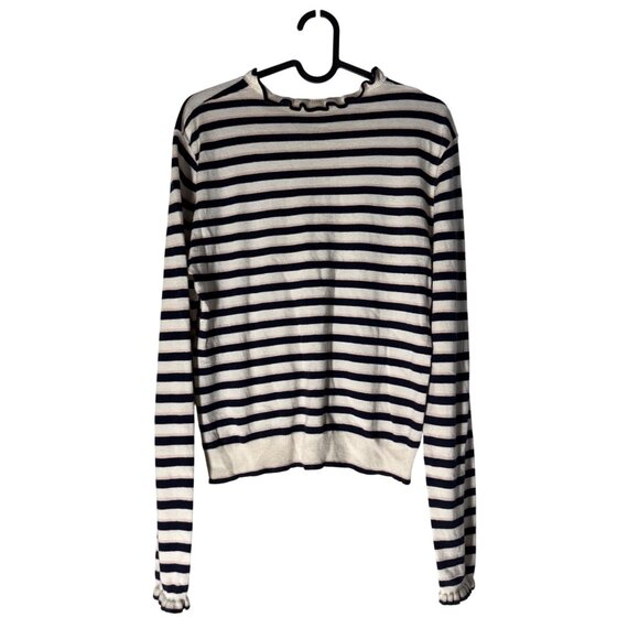 Ulla Johnson Navy Pink Cream Striped Cotton Cashmere Ruffle Trim Sweater Large - Picture 5 of 7